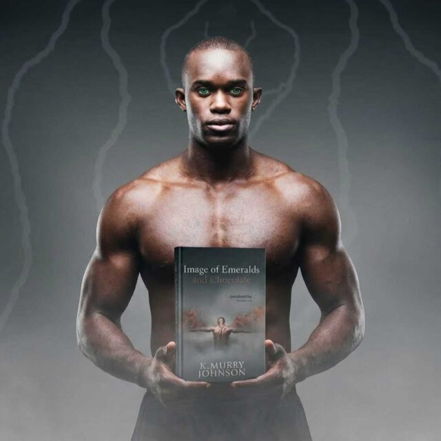 A stylized depiction of the main character from Image of Emeralds and Chocolate holding the book against a dark, mist-filled background.